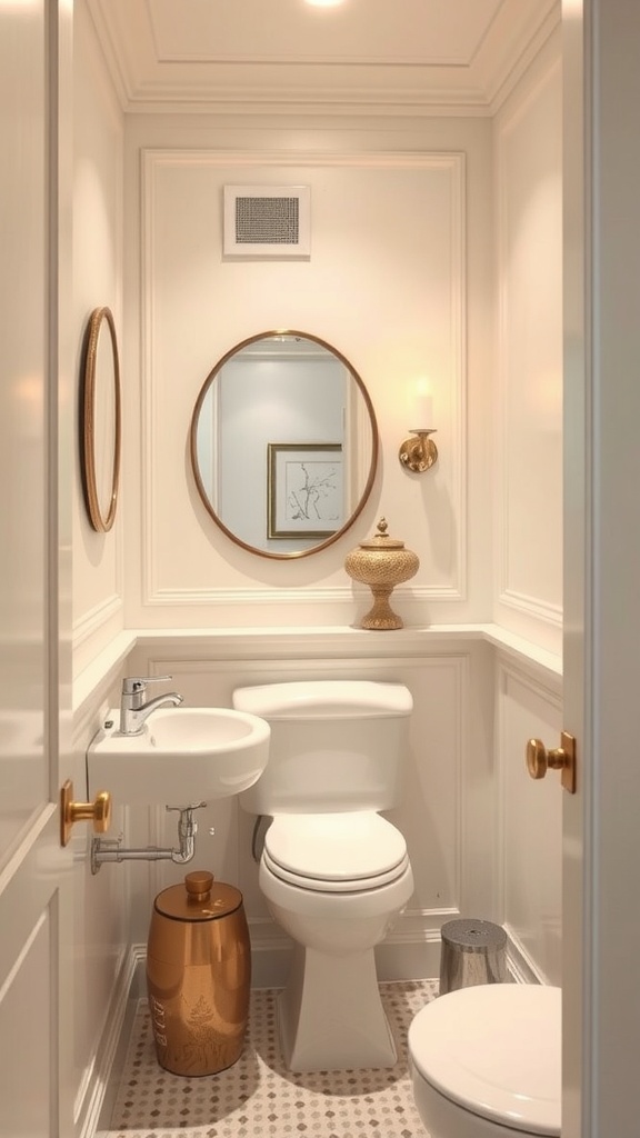 Small bathroom painted in cream with elegant fixtures.