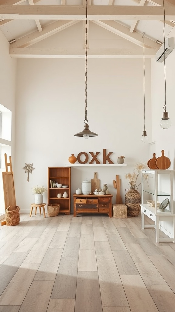 Interior of a farmhouse with creamy white walls and wooden decor, showcasing a bright and inviting atmosphere.