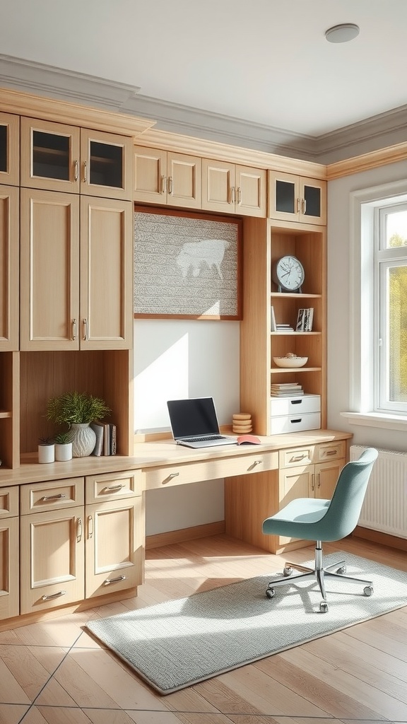A modern built-in home office with wooden cabinets and a large desk.