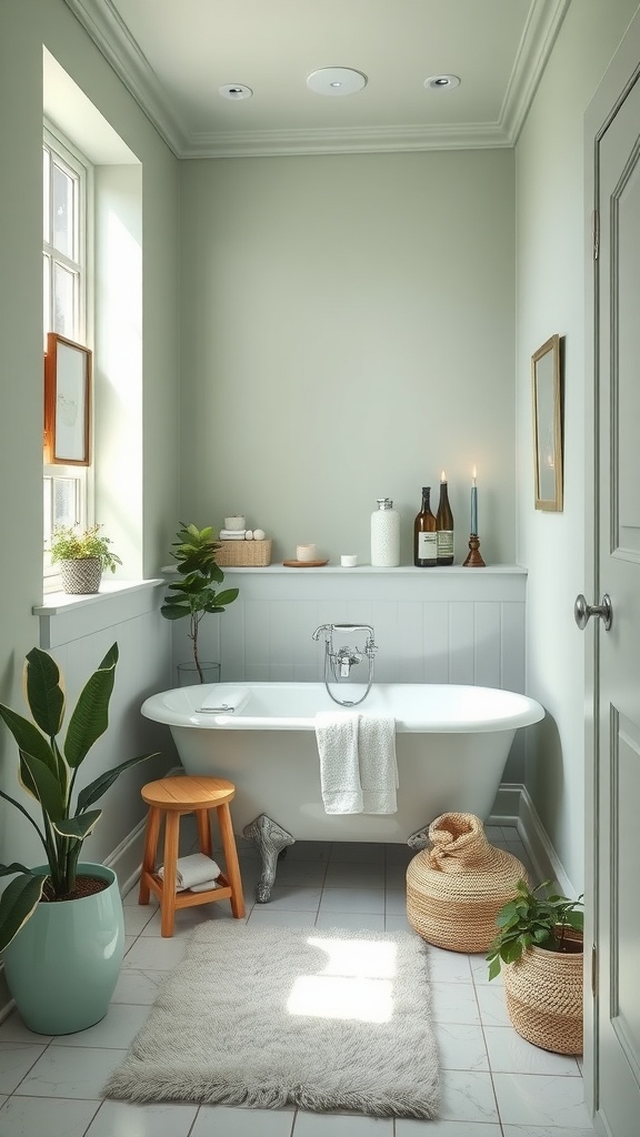 A small bathroom featuring green-gray walls, a white bathtub, wooden accents, and plants, creating a calm and inviting atmosphere.