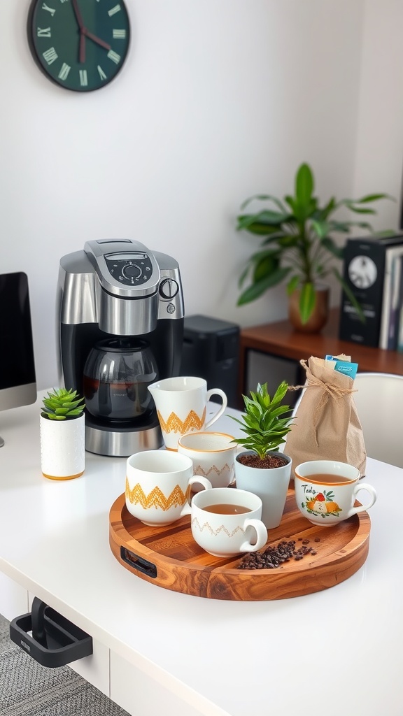 A cozy coffee and tea station in a home office with a coffee maker, mugs, and decorative plants on a wooden tray.