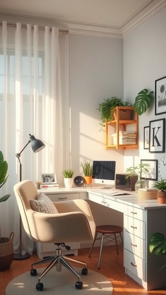 A cozy home office featuring a soft chair, a stylish desk, plants, and decorative elements.
