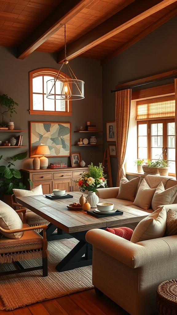 Cozy living room dining room combo with wooden ceiling and rustic furniture.