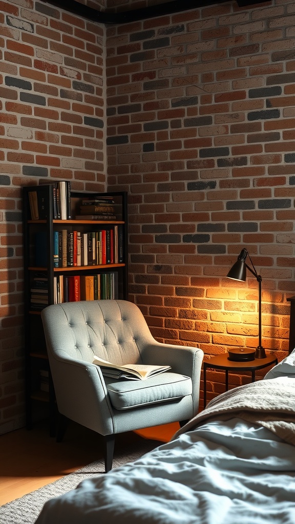 Cozy reading nook in a modern industrial bedroom with an armchair, books, and a lamp.