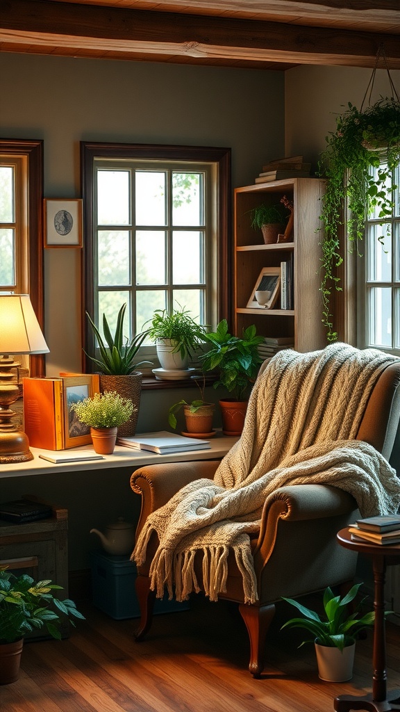 Cozy home office corner with an armchair, plants, and a warm lamp
