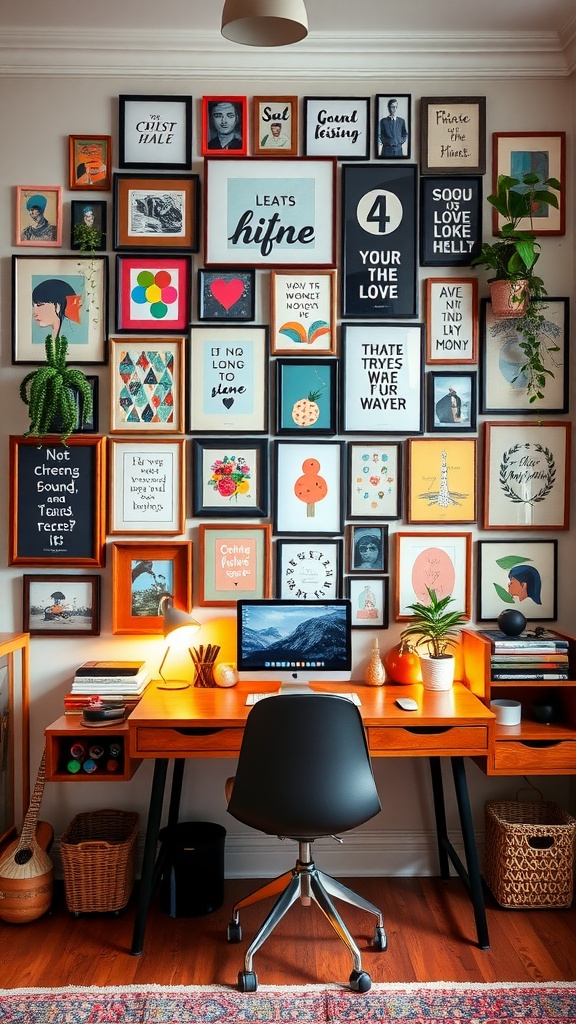 A cozy home office setup with a gallery wall filled with framed art and plants.