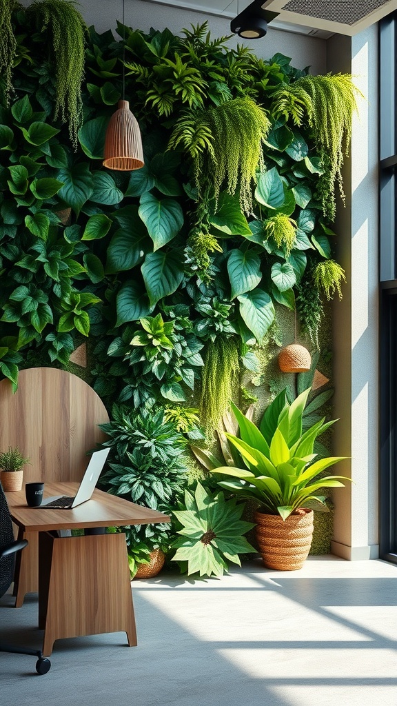 A nature-inspired accent wall featuring various green plants in a modern office space.