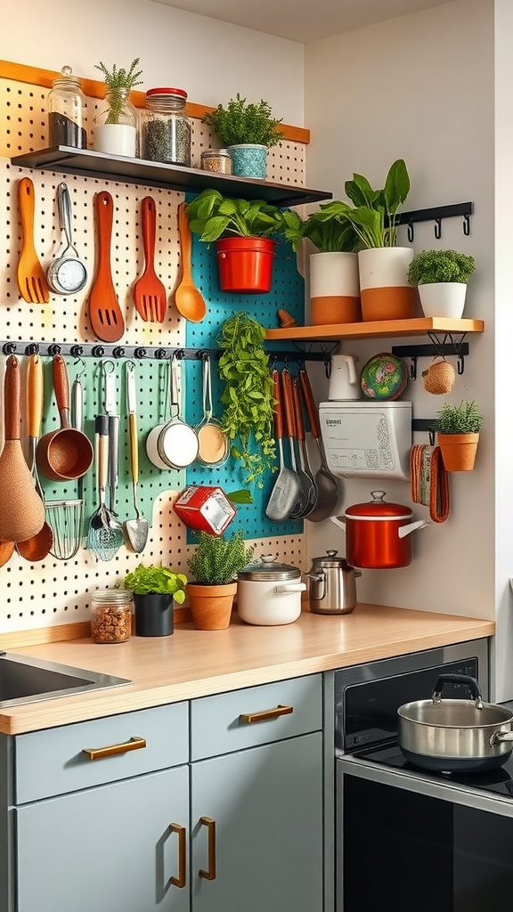 A small kitchen with a pegboard wall displaying utensils and plants.