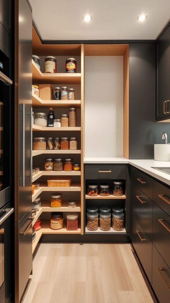 A modern pull-out pantry with organized jars and shelves in a stylish kitchen setting.