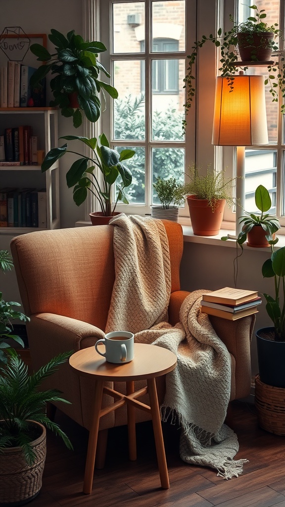 A cozy reading corner with an armchair, blanket, books, and indoor plants.