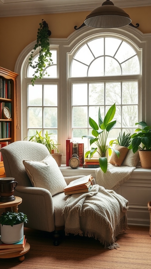 Cozy reading nook with an armchair, plants, and natural light from the window.