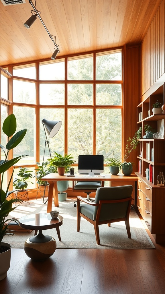 A mid-century modern home office featuring a wooden desk, comfortable chair, and plants in a well-lit space.