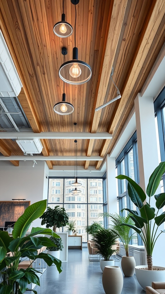 An office with a wooden ceiling and modern lighting, featuring plants and comfortable seating.