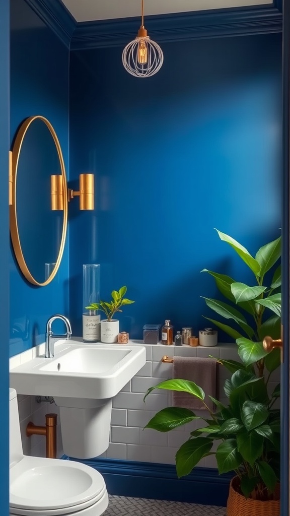 A small bathroom painted in Majestic Blue with gold accents and green plants, showcasing a modern design.