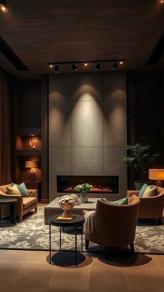 A cozy living room with spotlights highlighting a textured wall and fireplace, creating a warm and inviting atmosphere.