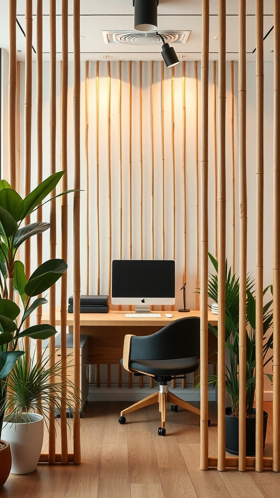 An office with bamboo room dividers, a wooden desk, and plants, creating a natural and modern workspace.