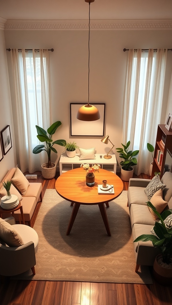 A small living room with a round dining table at the center, surrounded by cozy seating and plants.