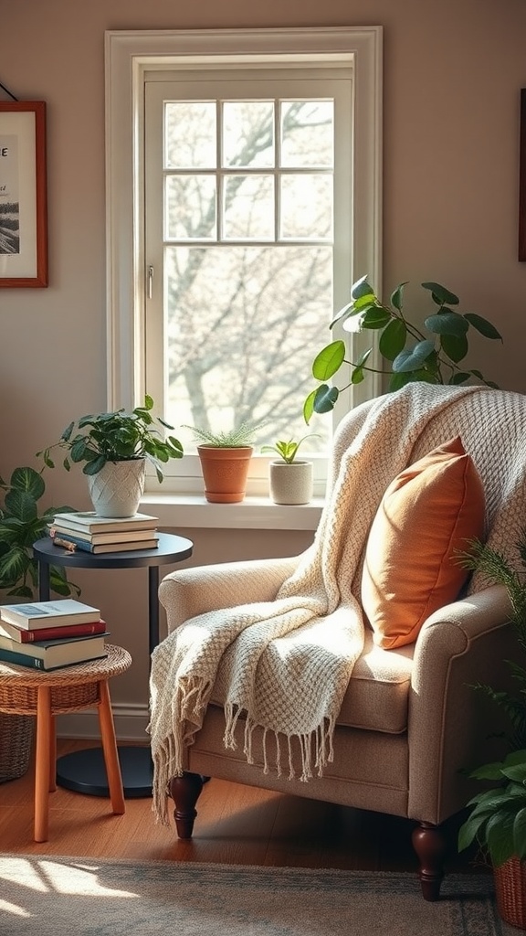 A cozy reading nook with a comfortable chair, blanket, and plants near a window