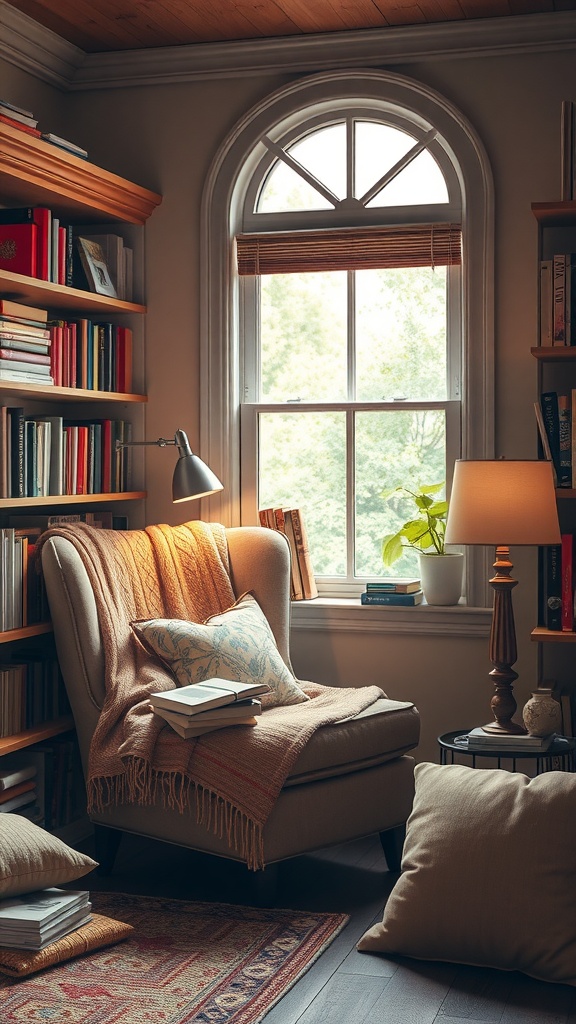 Cozy reading nook with an armchair, bookshelves, and warm lighting