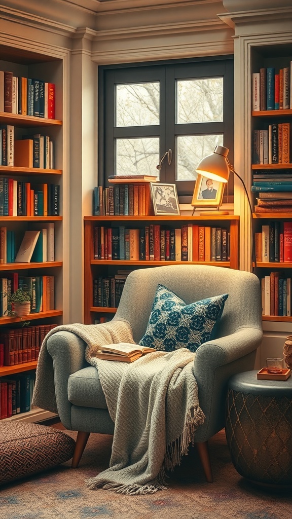 Cozy reading nook with a comfortable chair, blanket, and bookshelf