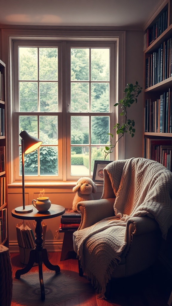 Cozy reading corner with an armchair, a small table, a warm blanket, a cup, and books beside a window.