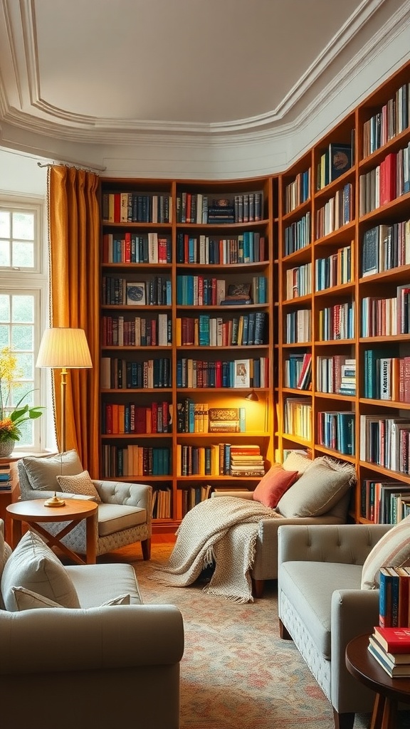 Cozy home library corner with wooden bookshelves, soft armchairs, and warm lighting.