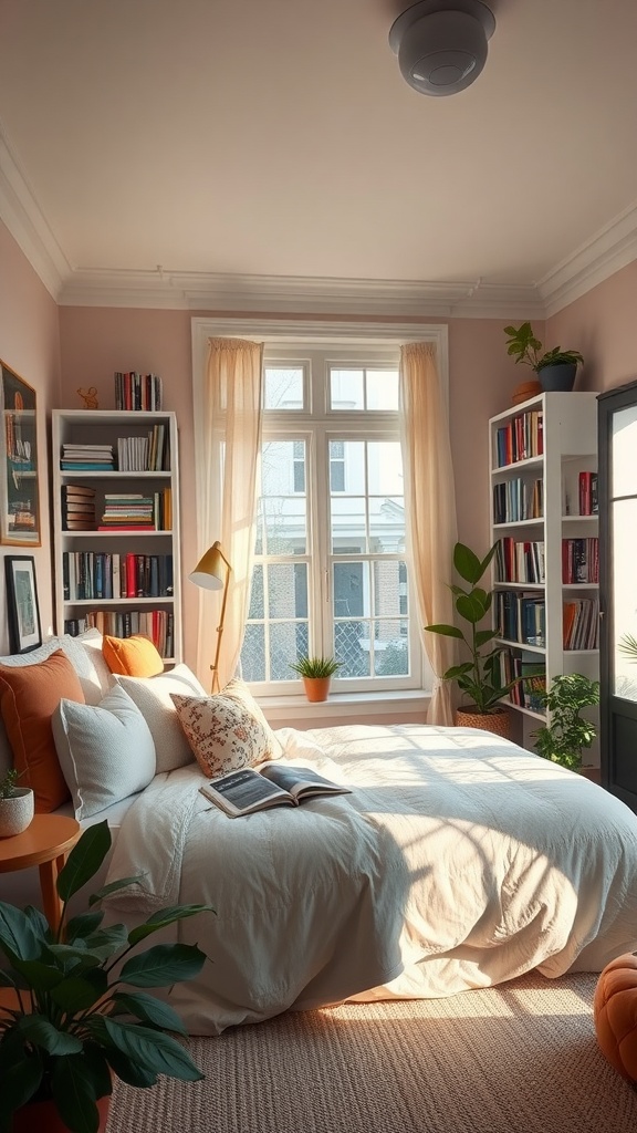 Cozy bedroom with bookshelves, plants, and a bed with pillows, illuminated by natural light.