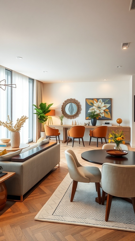 A cozy living room dining room combo featuring a stylish sofa and a dining area with elegant chairs and a round table.