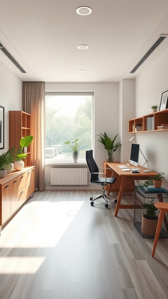 A bright and calming small office interior with wooden furniture and plants