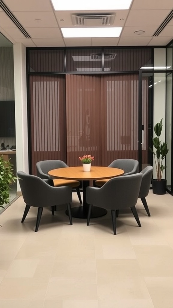 A small office meeting space featuring a round table surrounded by gray chairs and a potted plant.