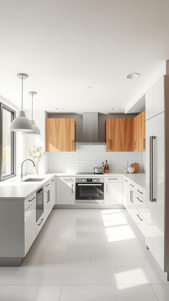 A modern U-shaped kitchen featuring sleek white cabinetry and warm wood accents.