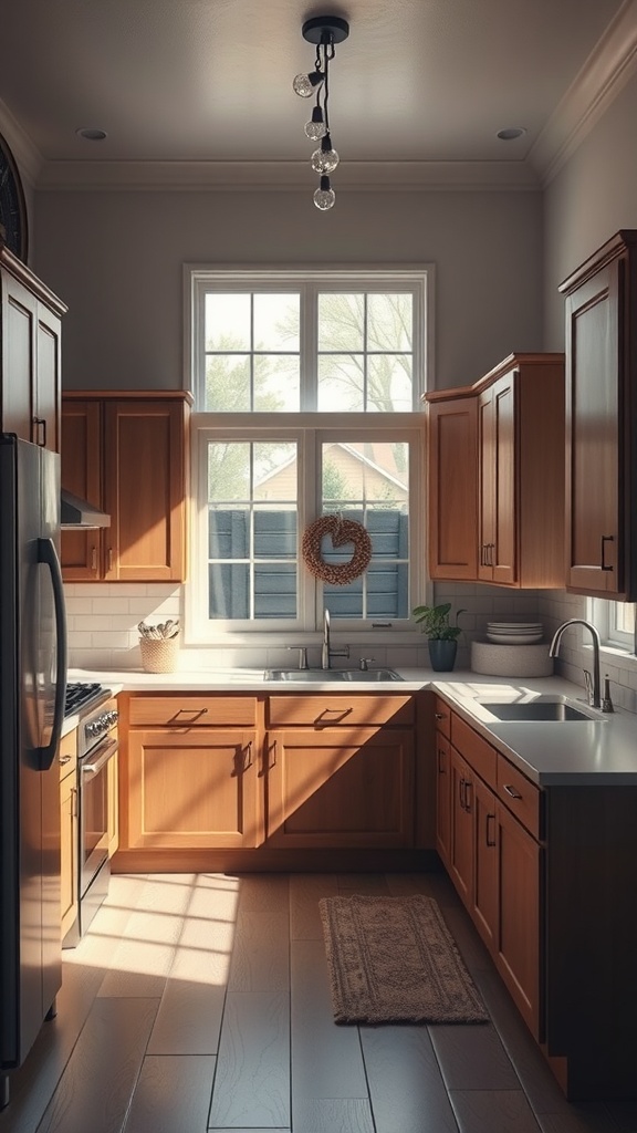 A cozy U-shaped kitchen with warm wooden cabinets and sunlight streaming through the window.