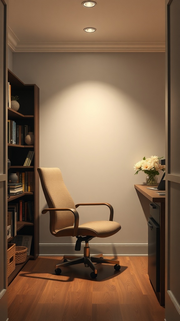 Cozy office nook with a chair, bookshelf, and soft lighting