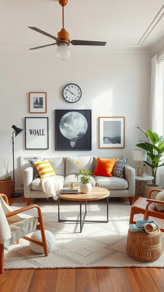 A cozy living room featuring a gray sofa with colorful pillows, a round coffee table, framed artwork on the walls, and a potted plant.