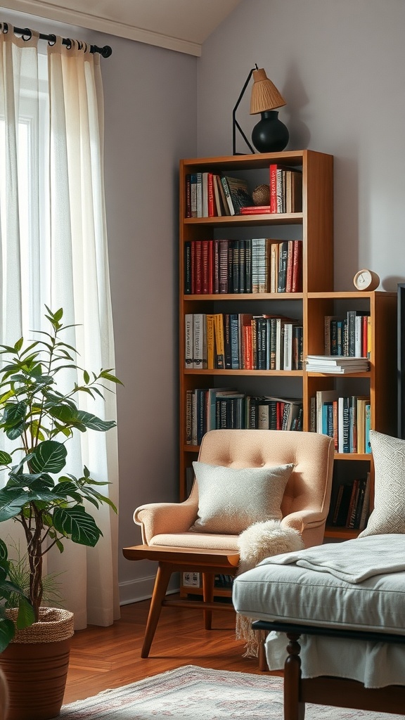 A cozy reading nook with a light-colored armchair, bookshelf filled with books, and a potted plant.