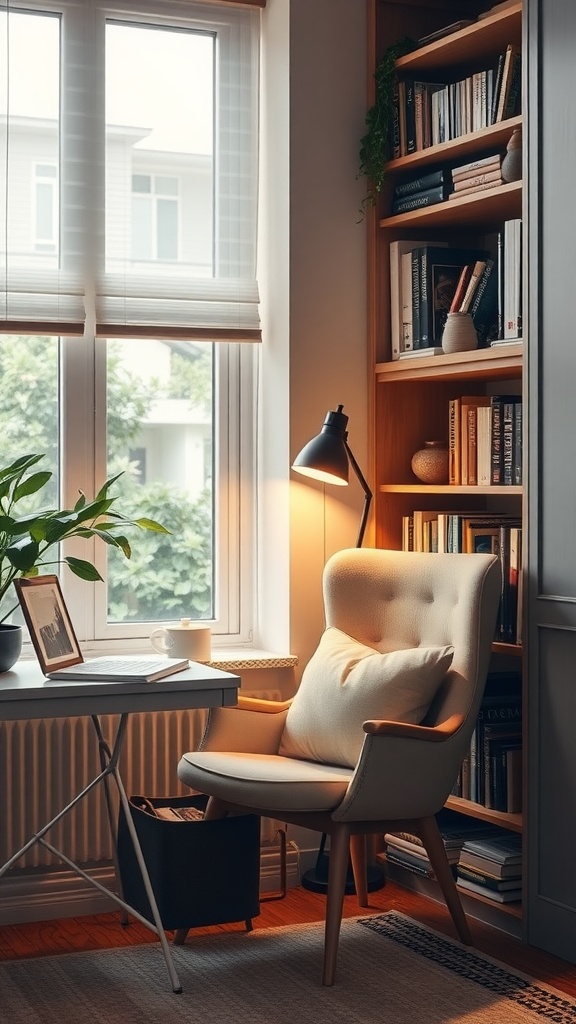 Cozy reading nook in a home office with a comfortable chair, bookshelves, and a warm atmosphere.