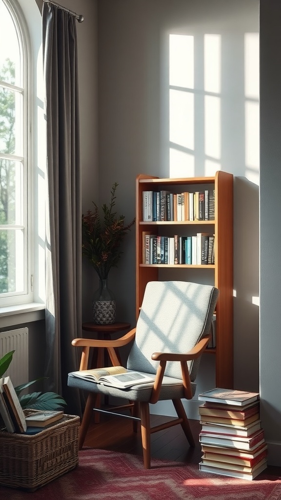 Cozy reading nook with a chair, bookshelf, and soft lighting