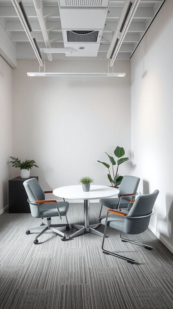 A small office meeting space with a round table, three chairs, and a plant