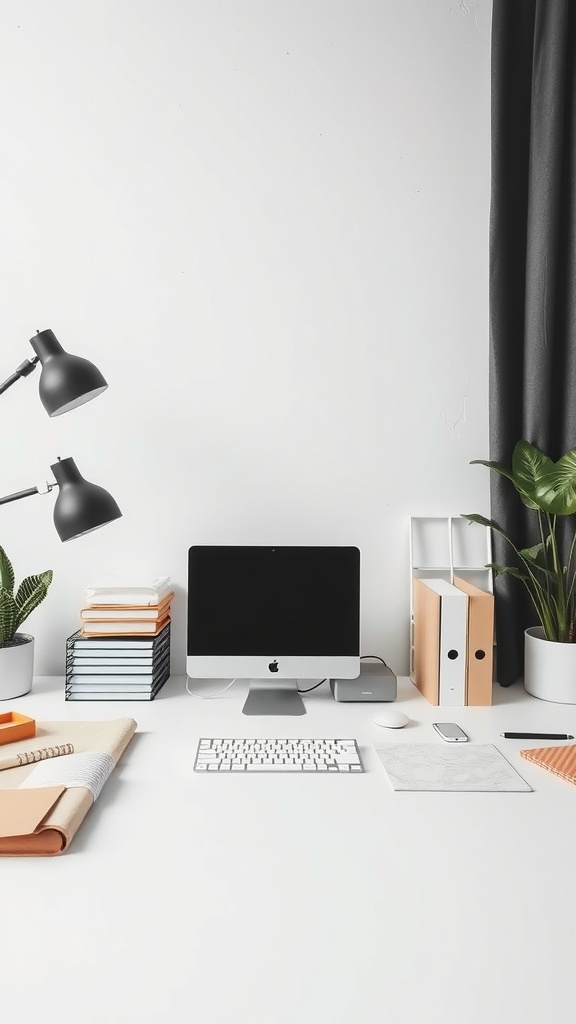 Minimalist home office setup with a clean desk, computer, and plants