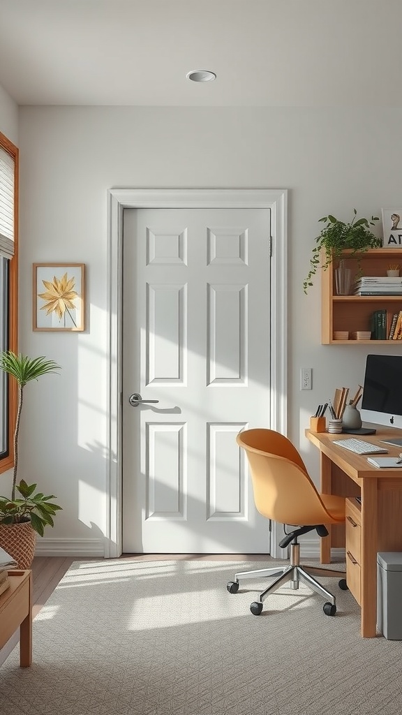 Bright home office with natural light, plants, and a comfortable workspace