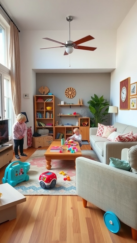 A cozy living room and dining room combo with children playing on a rug surrounded by colorful toys.