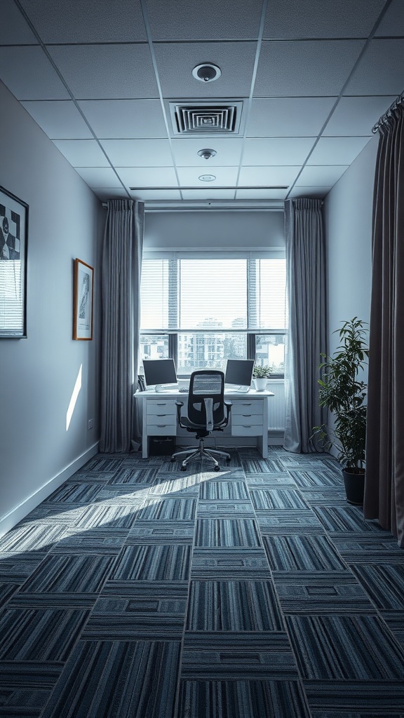 A small office with a clean desk, two monitors, and sound-absorbing curtains, designed for focus and productivity