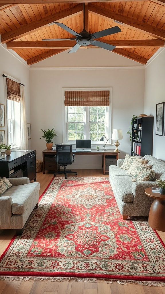 A minimalist home office setup featuring a desk, chair, a cozy couch, and a bright rug.