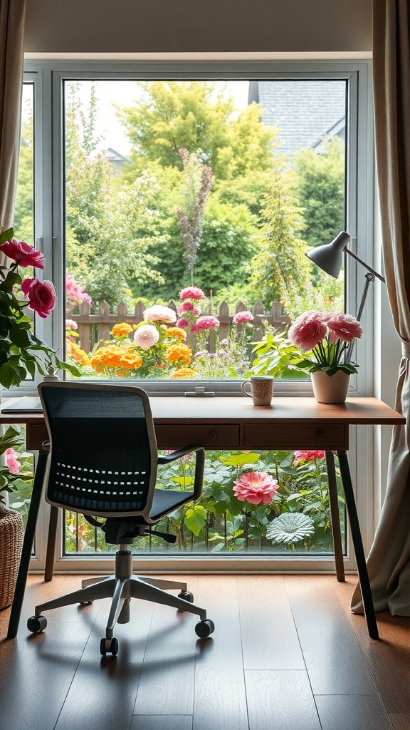 A home office with a desk facing a garden view filled with colorful flowers.