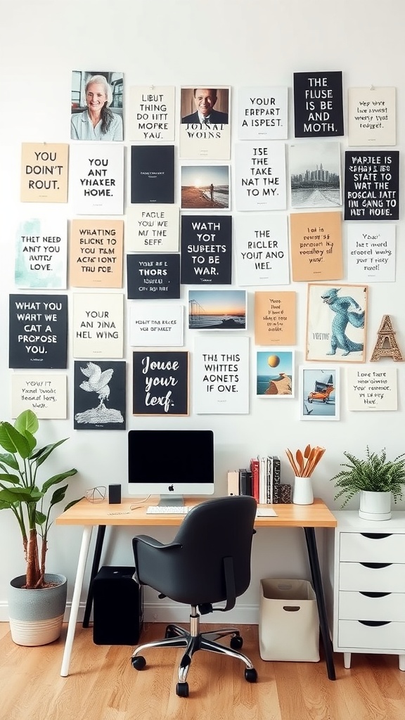 A home office with a motivational wall featuring inspirational quotes and images, along with a simple desk setup.