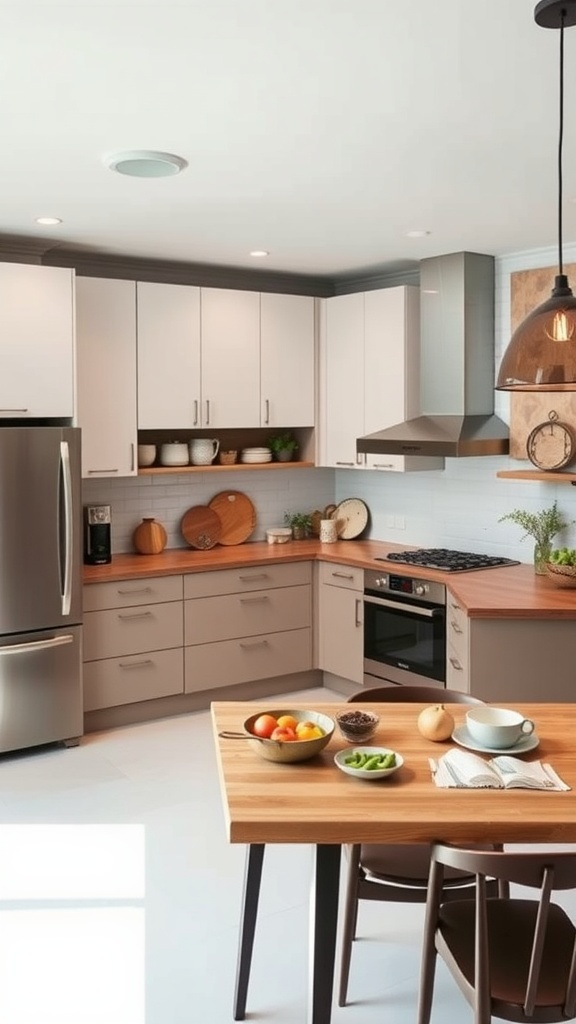 A modern U-shaped kitchen with wooden countertops, stylish cabinets, and a small dining table.