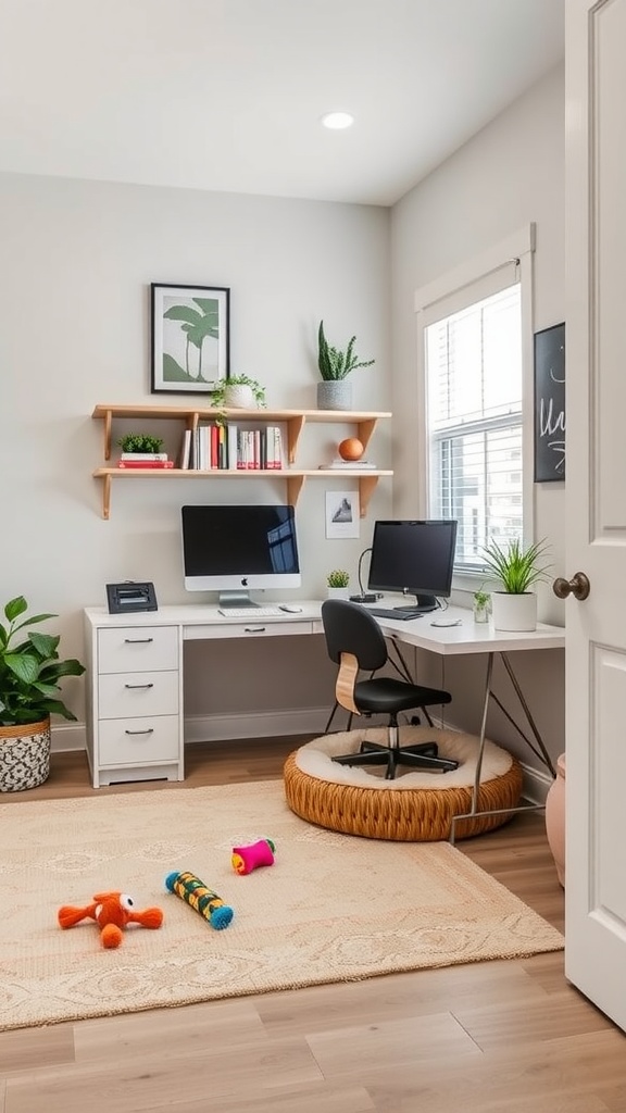 A cozy home office featuring two dogs in pet beds, showcasing a pet-friendly workspace.