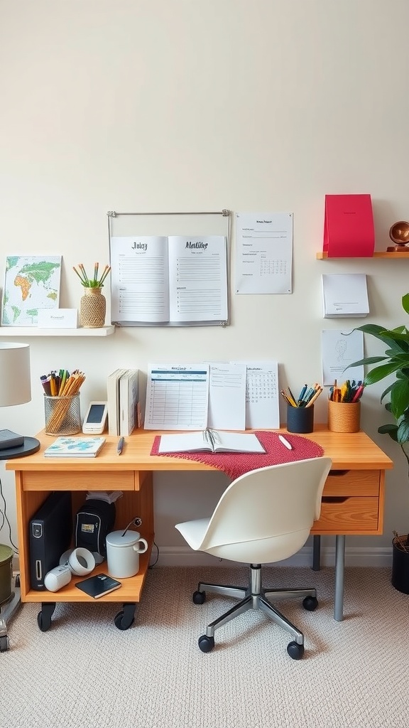 A well-organized home office with a wooden desk, plants, colorful stationery, and a calendar.