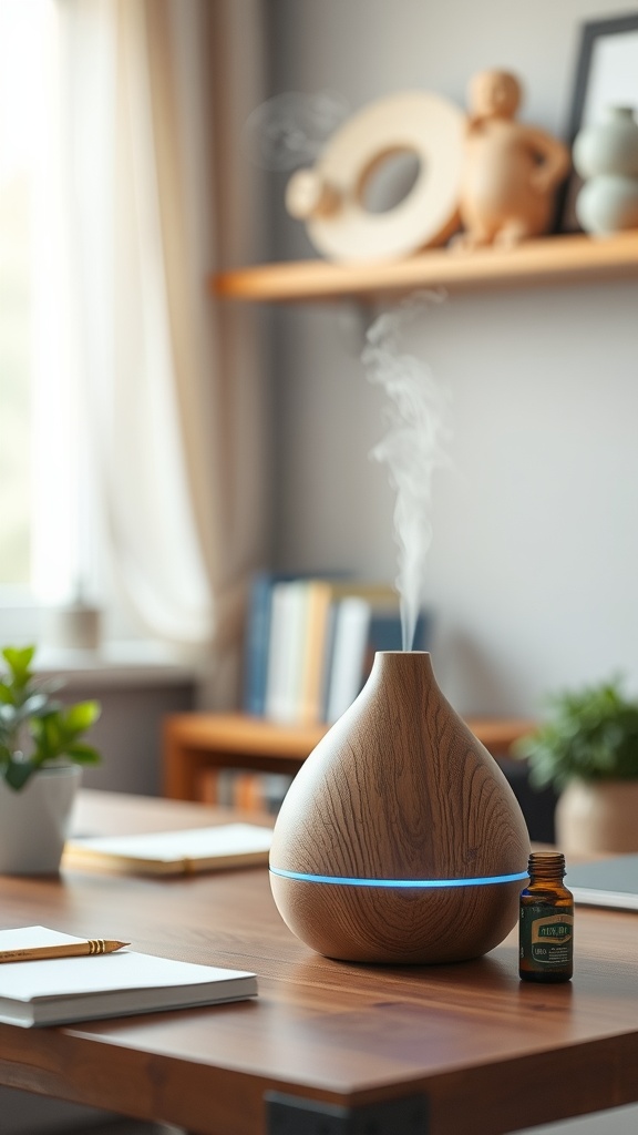 A stylish diffuser releasing mist on a wooden desk in a home office setting