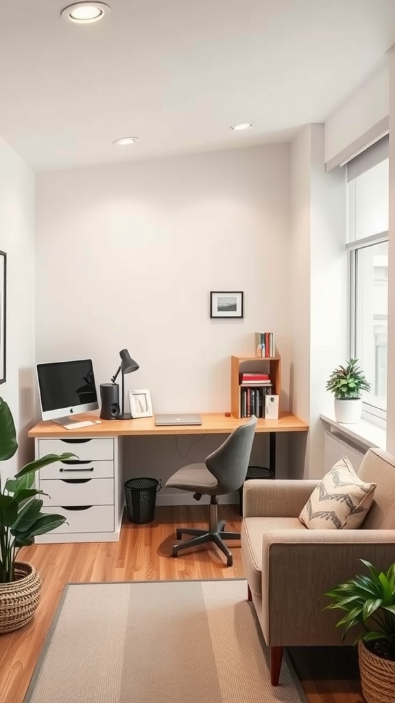 A cozy home office with a desk, chair, and plants creating a quiet zone.